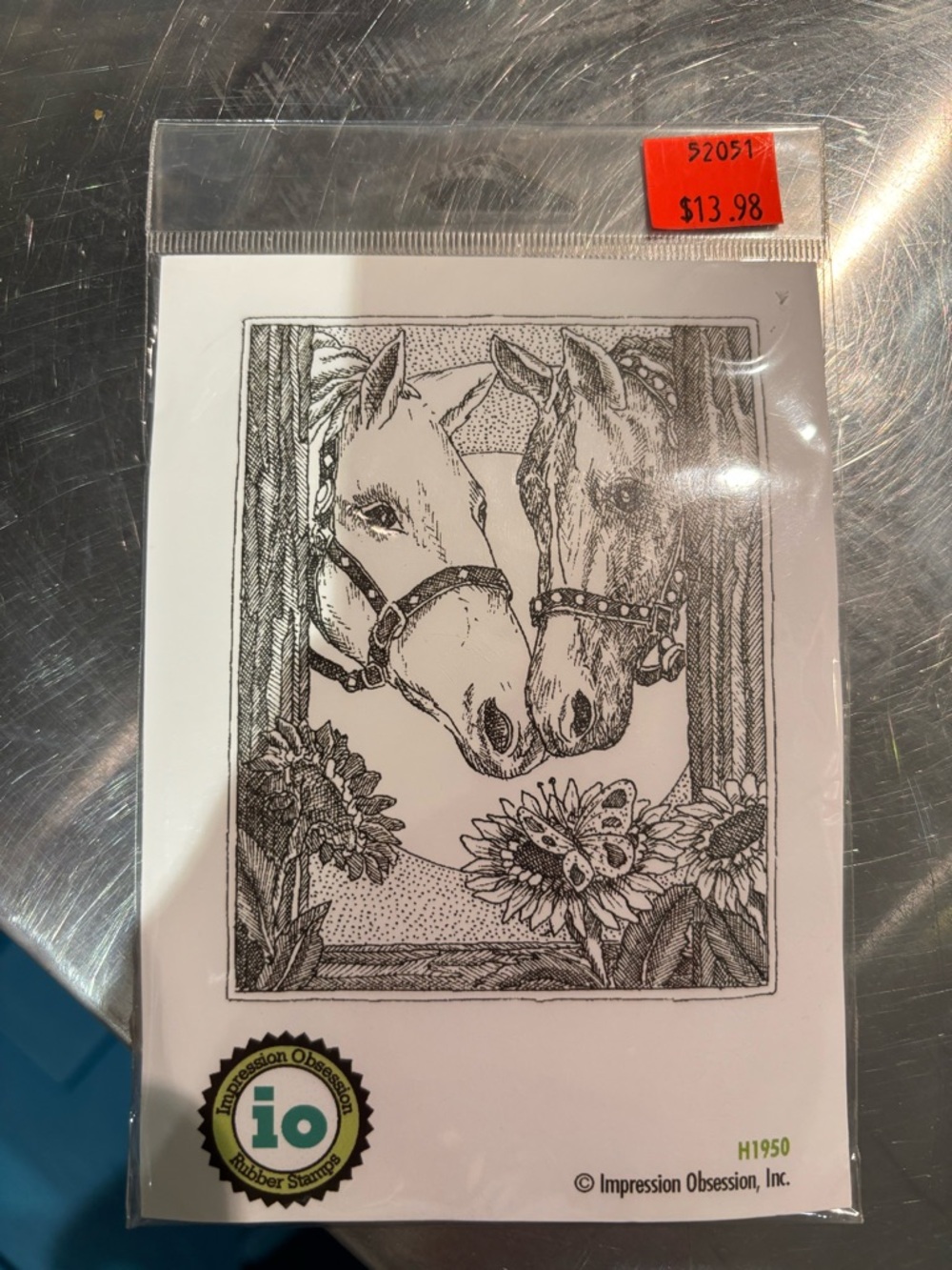 Impression Obsession Rubber Stamp - Horses with Sunflowers - Black & White